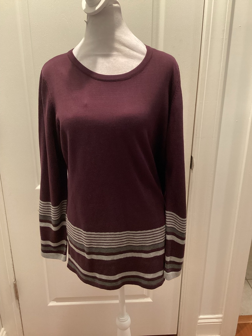 Calvin Klein Plum Long-Sleeve Crewneck Sweater with Gray Stripe Detail